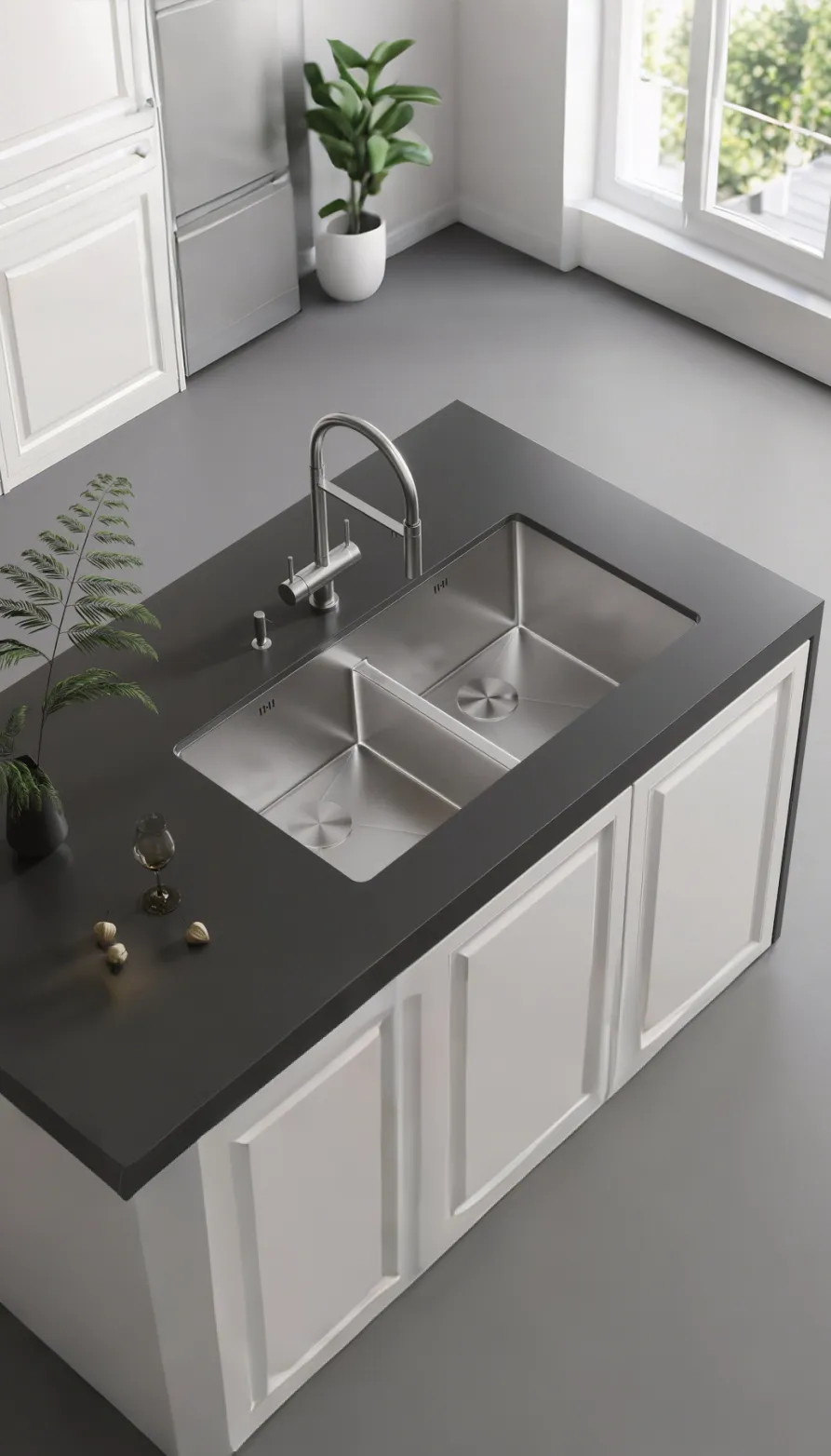 Corner kitchen sink with angled design in stainless steel, embedded in gray countertop with white cabinets, window with blinds, and wooden cutting board visible
